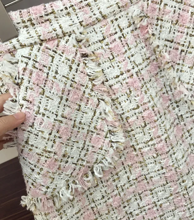 Милый розовый твидовый комплект в клетку из 2/3 предметов, Осень-зима, твидовый короткий жилет на пуговицах с кисточками+ белый свитер+ шерстяная мини-юбка с карманом
