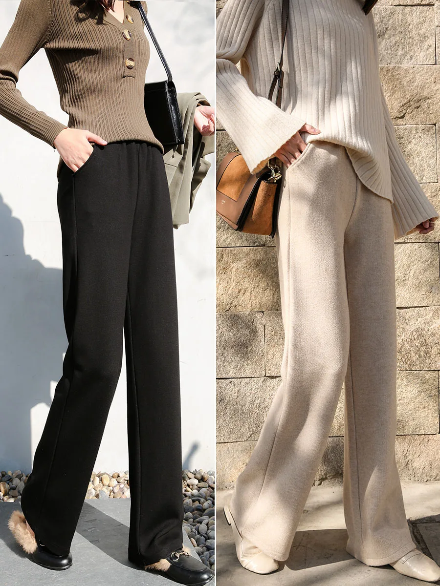Женские вязаные широкие брюки, осенние и зимние плотные повседневные брюки с высокой талией, бархатные прямые трикотажные брюки GD148