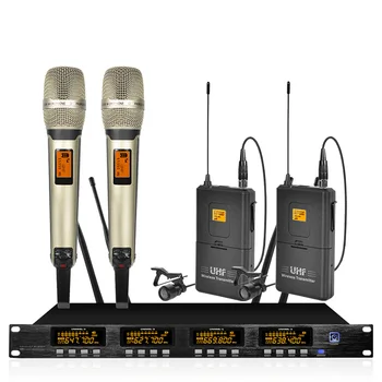 

Wireless microphone system frequency adjustable professional UHF dual handheld dual lavalier microphone wireless family karaoke