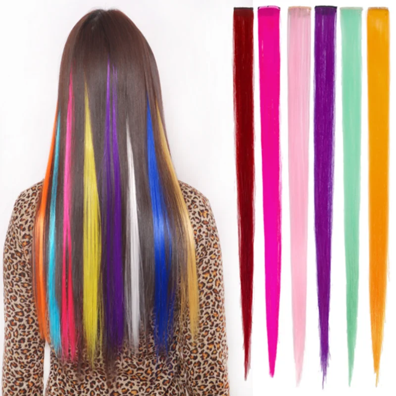 

3 Pcs 55cm Color Straight Hairpiece Synthetic Long Single Clip In One Piece Hair Extensions Pink Rainbow For Women Girl