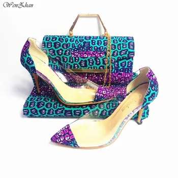 

WENZHAN Women High Hee Shoes And African Ankara Wax Fabric 6Yards With Matching HandBags Wholesale Set 36-43 For Spring 912-4