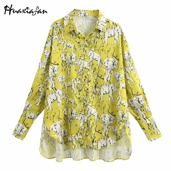 

Huaxiafan Fashion ZA Print Summer Shirt Women 2020 Long Sleeve Front Button Closure Top Female Loose Long Blouse Blusas