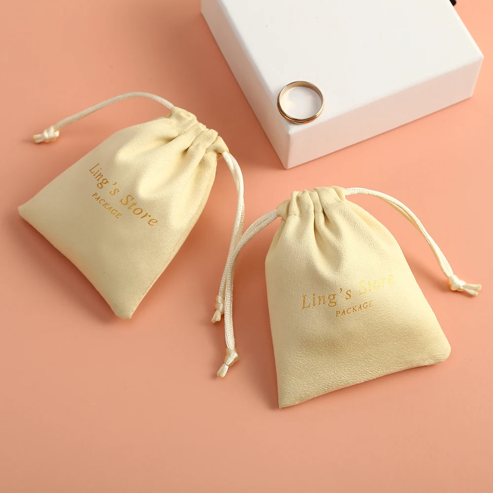 100 Cream Personalized Logo Print Custom Jewelry Packaging Drawstring Bags Skincare Package Cosmetic Bags Flannel Suede Bags
