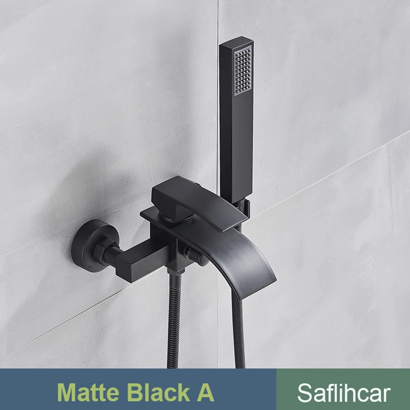  Grifo de baño negro mate para bañera, grifo de bañera de pie  con boquilla de cascada, soporte de piso de ducha de mano de plástico, grifo  mezclador frío y caliente, fácil