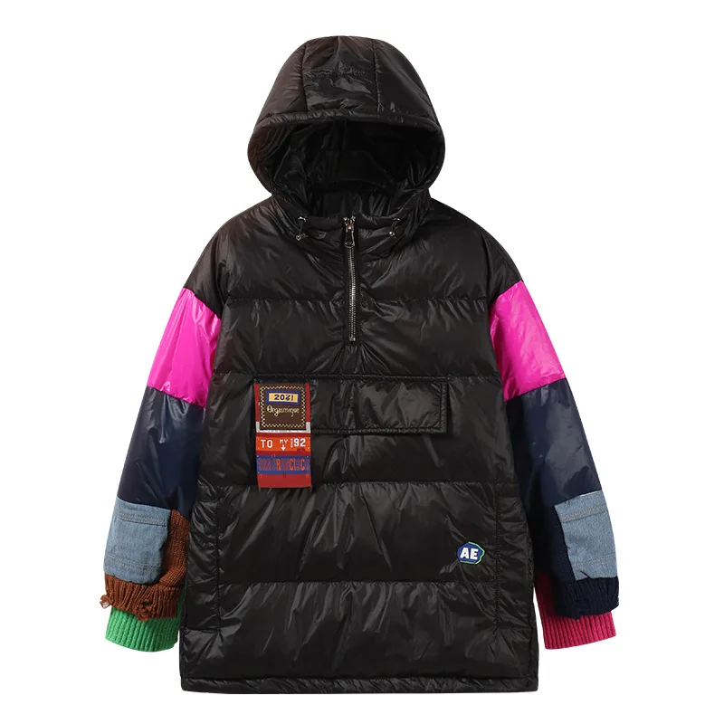 2021 New Sweater Style Pullover Down Jacket Women Short Denim Heavy Industry Stitching Hooded Winter Parkas Coats | Женская одежда