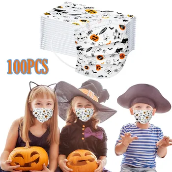 

100Pcs Breathable Masks Children's Mouth Mask Halloween Printing Non-woven 3-layer Face Mask With Elastic Earband Breathable F86