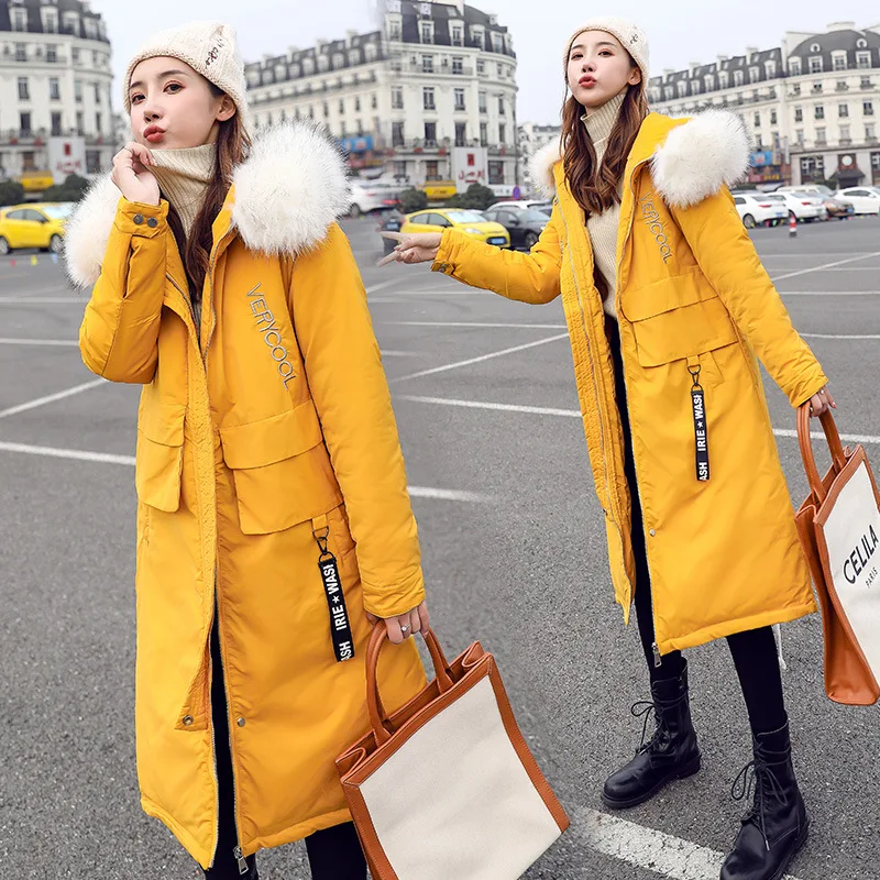 

2019 New Style Cotton-padded Clothes Women's Winter Mid-length Cotton Coat Hooded Large Fur Collar over-the-Knee down Coat Korea