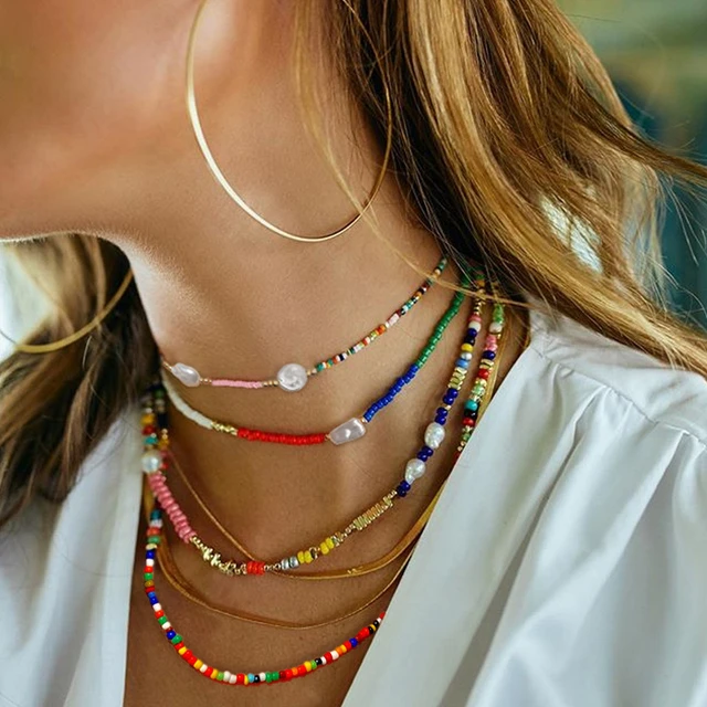 Boho Rainbow Beaded Choker Necklace Beach Seed Beads Necklaces for Women  Teen Girls Multi Colorful Shell Pendant Bead Layered Neck Chain Jewelry