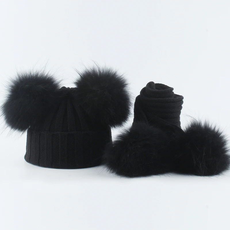 black hat scarf Детская вязаная шапочка с натуральным мехом и помпоном, набор шарфов, костюм для маленьких мальчиков и девочек, шапка, шарф, зимняя теплая - Цвет: black hat scarf