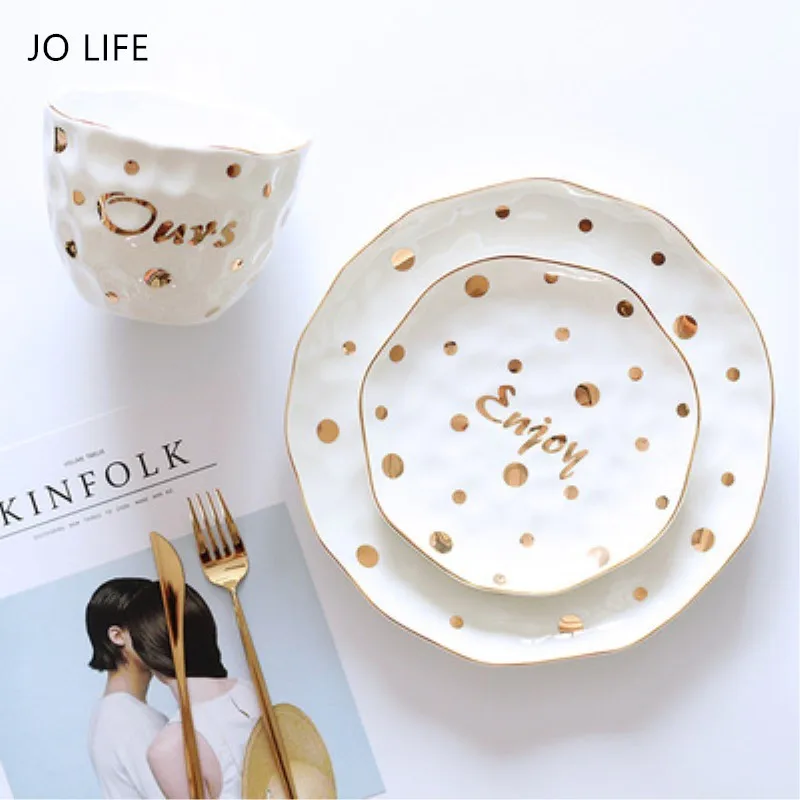 

JO LIFE Ceramic Dinner Plate Rice Bowl Nordic Golden Polka Dots Dinnerware Matte Breakfast Dish Soup Bowl