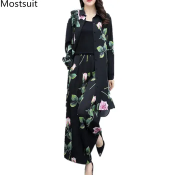 

Vintage Printed Two Piece Sets Outfits Women Long Sleeve Shirt + Wide Leg Pants Suits Fashion Loose Female 2 Pcs Sets 2020