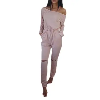 

Women Solid Color Off Shoulder Long Sleeve Bandage Ripped Pants Jumpsuit Romper Off Shoulder Bandage Ripped Pants Jumpsuit Rompe