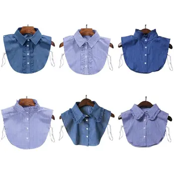 

Minimalist Stripes Denim Women Detachable Lapel Fake Collar Cute Doll Ruffles Lace Splicing Button Down False Half Shirt Blouse