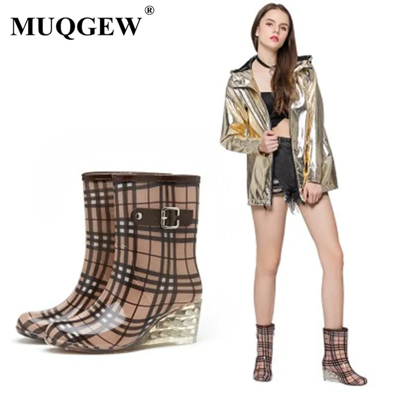 

Spring Autumn Women Wedge Rain Boots PVC Ankle Rainboots Elastic Shoes Woman Solid Rubber Waterproof Shoes Thicken Cover Booties