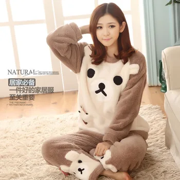 

Autumn,Winter,Flannel,Pajamas,Women's Long Sleeves, Cute Cartoon Cookies, Big Bear Loose Warm Home Clothes Set