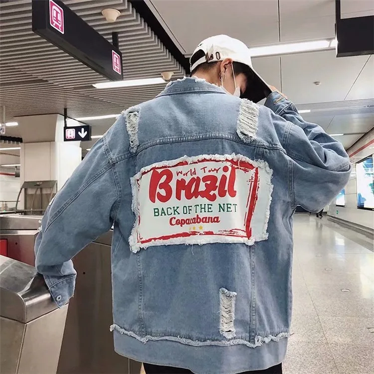 

Spring And Autumn Korean-style Jeans Coat Men's Loose-Fit Ulzzang with Holes Jacket Couples BF Style Students on Clothes Fashion