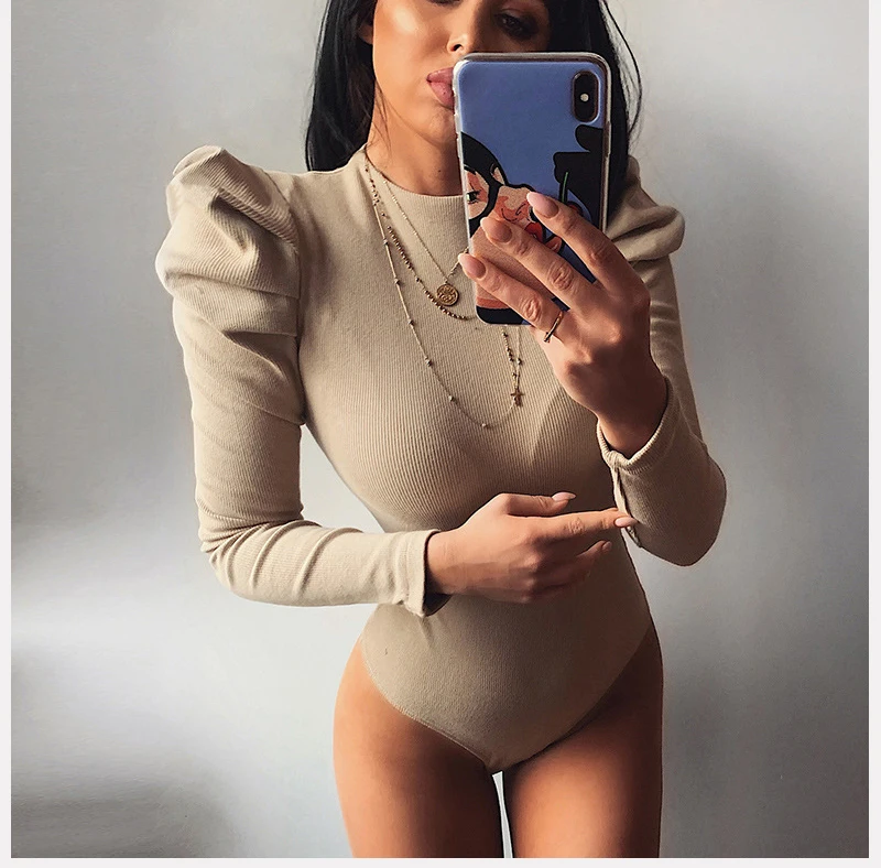 

Women Knitted Basic Bodysuits Fall Streetwear Long Puff Sleeve Bodysuits Solid Color Rib Knitwear One-Piece Bodycon Leotard Tops