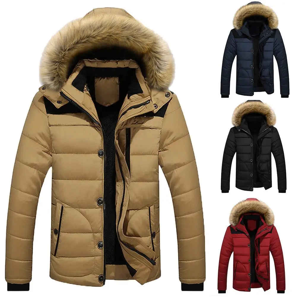 Fashion Winter Down Jackets Men Patchwork Long Sleeve Button Zipper Coat Cotton Padded Hooded Down Jackets Cotton coat for men
