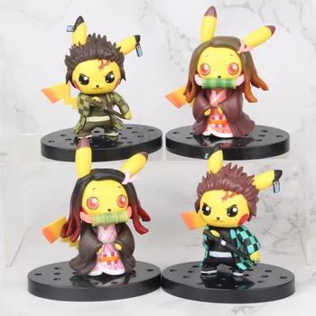 

4pcs Demon Slayer Kimetsu No Yaiba Kamado Tanjirou Pikachu cosplay Model Toys Figure Gift