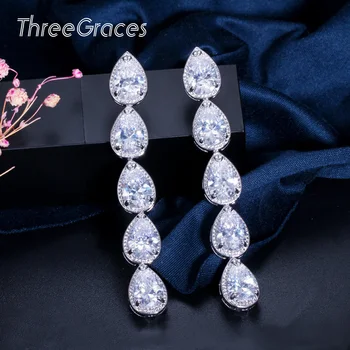 

ThreeGraces Elegant Bridal Wedding Earrings Beautiful Cluster Peardrop Women Long Dangling Earring With CZ Crystal Stone ER150
