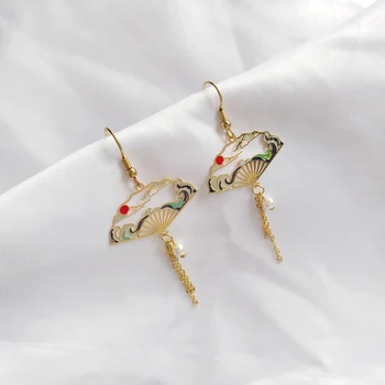 

Fashion Personality Temperament Cranes Pearl Dangle Earrings Vintage Hollow Out Geometric Fan Tassel Earrings for Women Jewelry