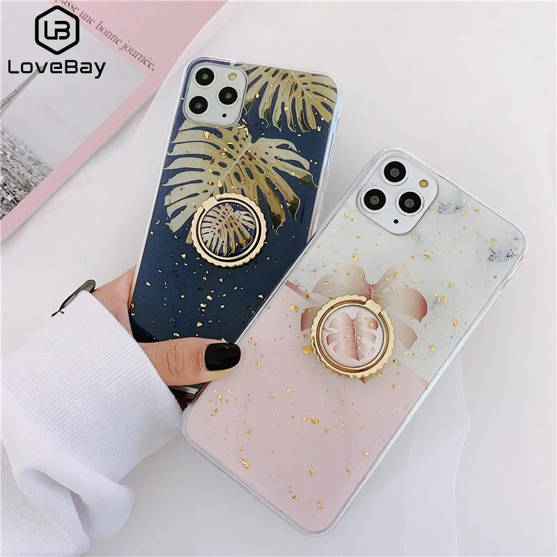 Lovebay Gold Foil Phone Cases For iPhone 11 Pro XS X XR Max 6 6s 7 8 Plus Leaves Pattern Glossy TPU Ring Stand Back Cover Fundas |