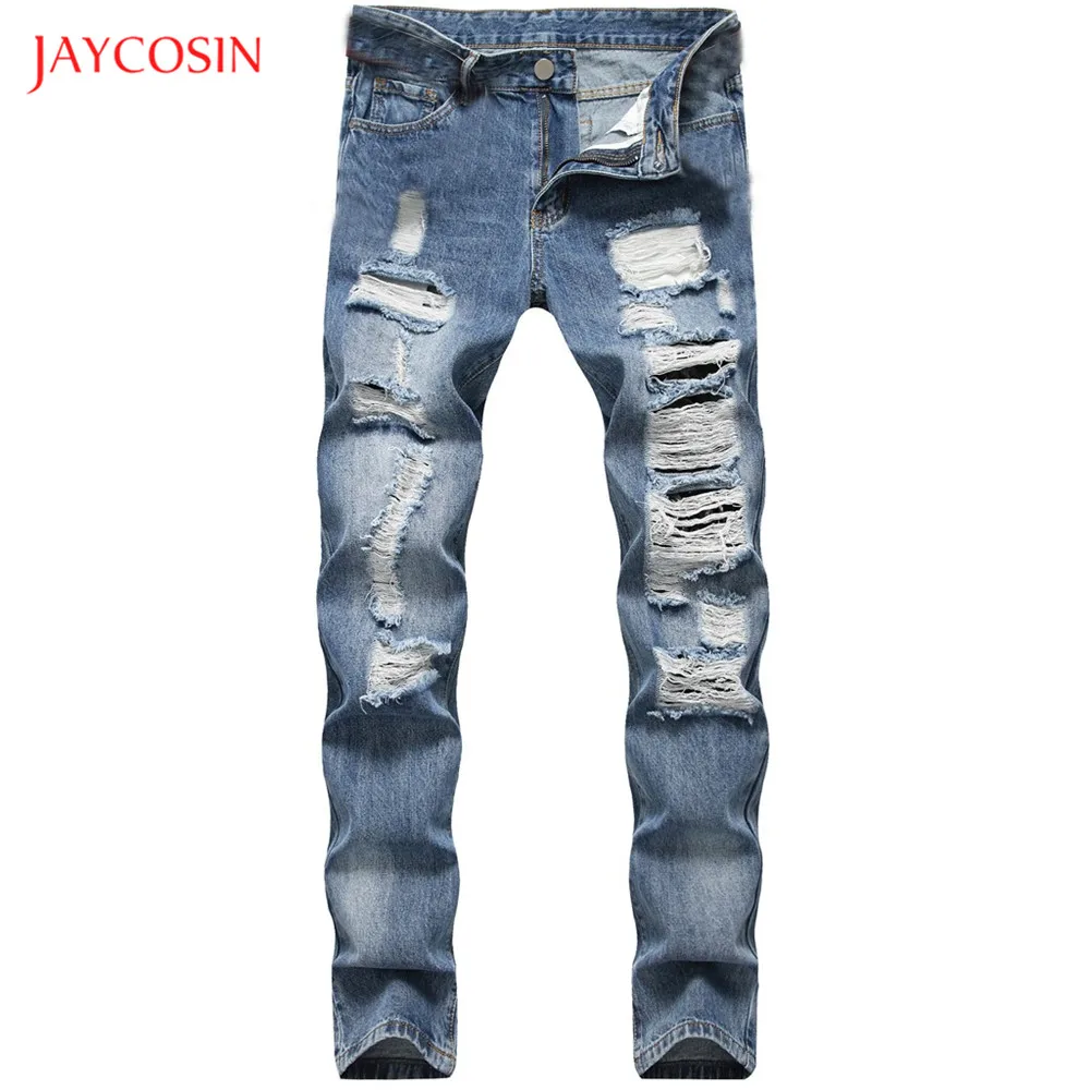 Jaycosin мужские модные рваные джинсы стрейч брюки повседневные потертые старые