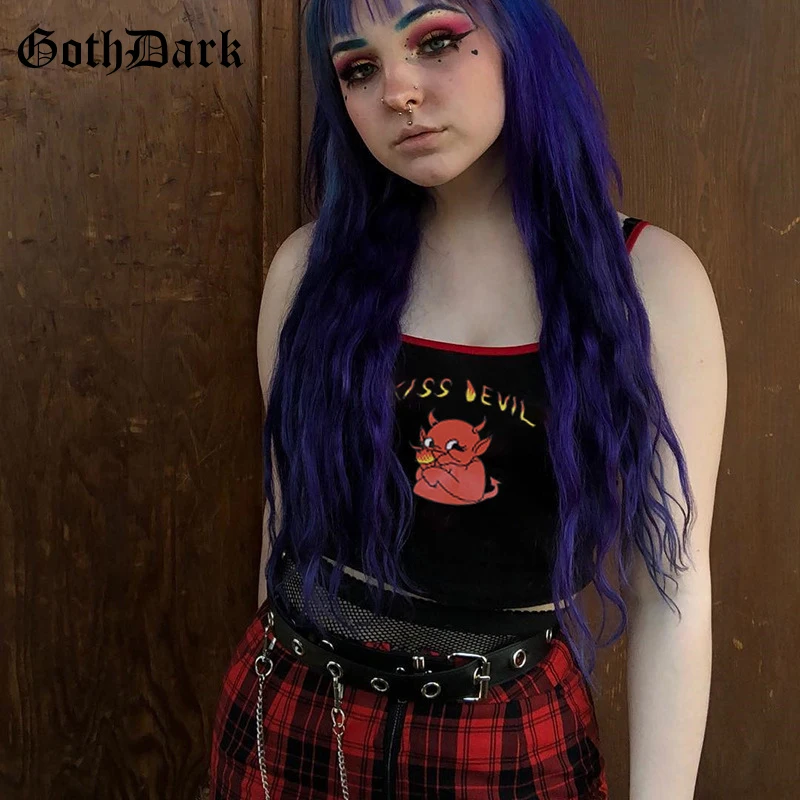

Goth Dark Black Letter Cartoon Print Gothic Cropped Tops Grunge Punk Harajuku Backless Strap Patchwork Camisole Autumn 2019 Sexy