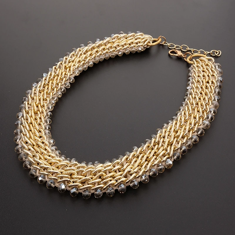 Statement Women Men Punk Trendy Gemstone Clear Glass Beads Crystal Beaded Collar Metal Chain Choker Necklace Fashion Jewelry