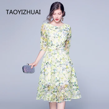 

Summer new arrival midi dress casual o neck half sleeves sashes fashion sweet dress knee length floral print party dress