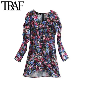 

TRAF Women Vintage Stylish Floral Print Mini Dress Fashion V Neck Long Sleeve BacK Zipper Female Dresses Casual Vestidos Mujer