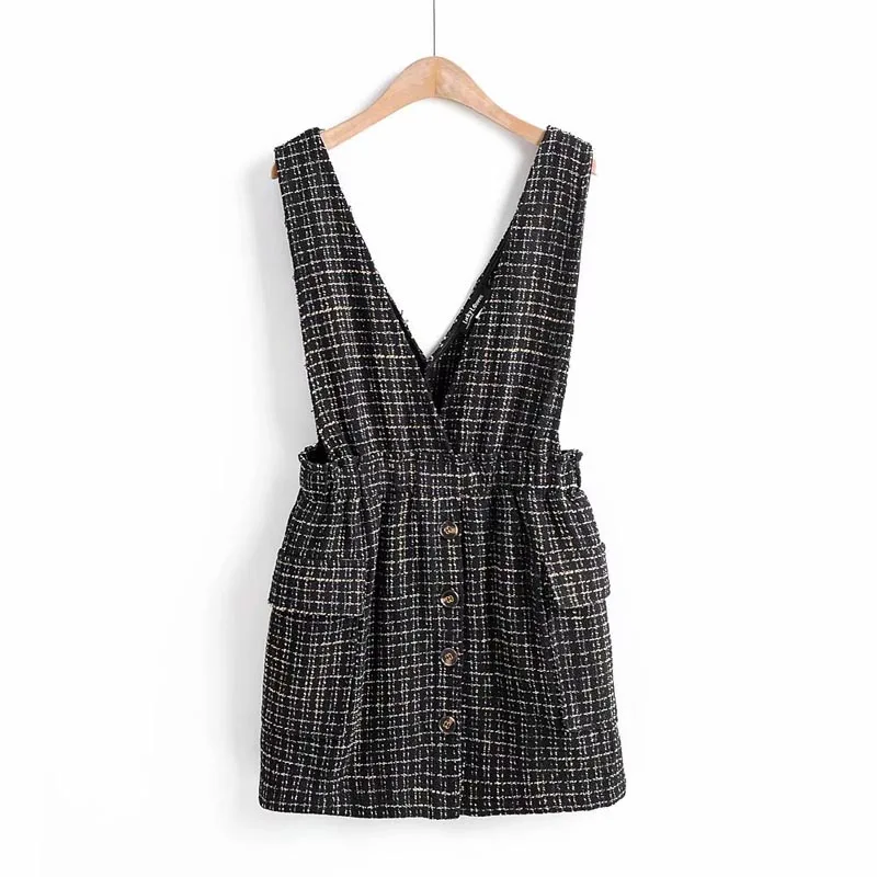 

QZ311 European Women's Double V Neck Elastic Waist Plaid Tweed Dress Chic Vestidos