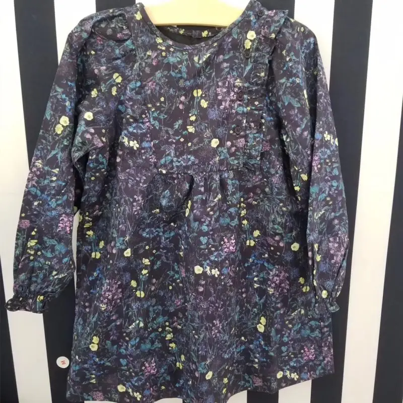 

2019 New Autumn Yellow Flower Pattern Baby Girls Black Dress Boutique Cherry Brand Floral Pattern Dress for Girls