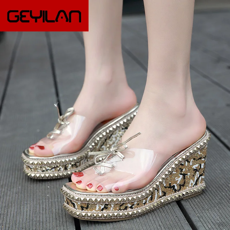 

2020 new Women Crystal Rivets Wedges Sandals 9.5cm High Heels 4.5cm Platform Mules Sequins Summer Slides Lady Transparent Shoes