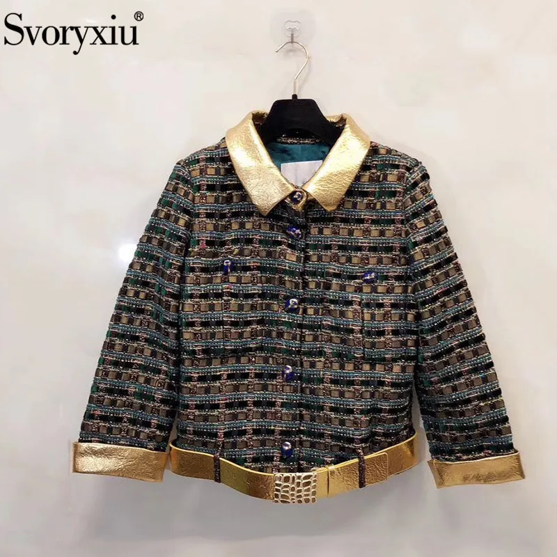 

Svoryxiu Designer luxury Custom Gold Genuine Leather Patchwork Weed Compiled Jackets Coat Women's Silk Lining Jackets Outwear