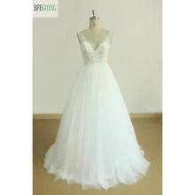 Белый Тюль Кружева Бисероплетение v-образным вырезом длина до пола спинки A-Line свадебное платье Часовня поезд на заказ