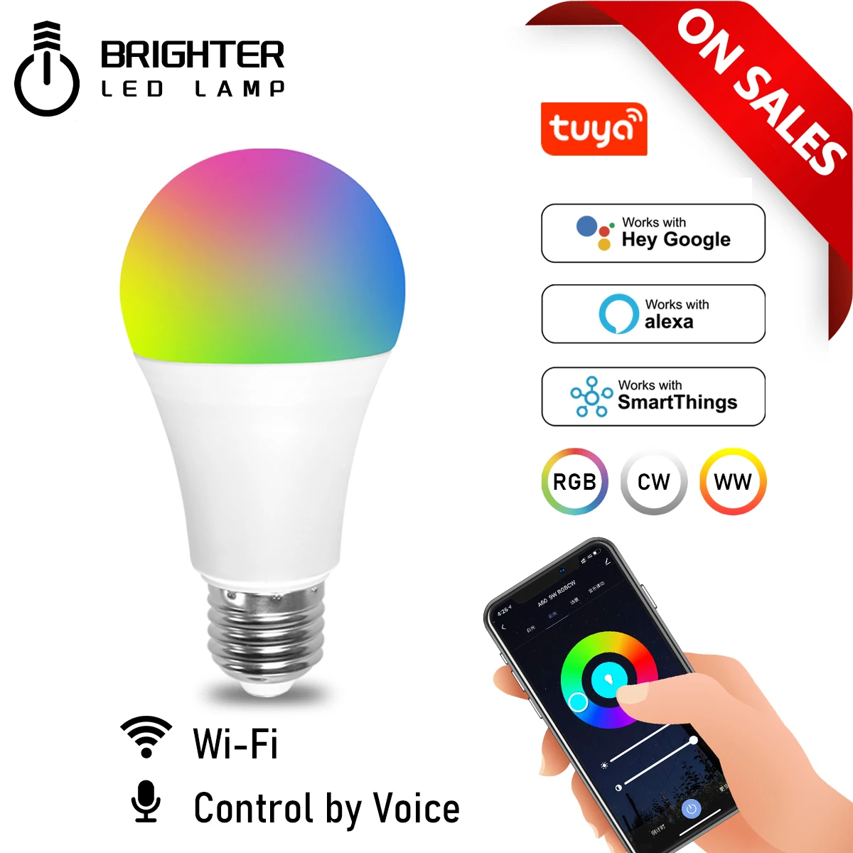 

Умная лампа с голосовым управлением, 10 Вт, E27, B22, A60, Rgb, Cw, Wi-Fi, приглушаемая светодиодная волшебная лампа, 85-265 в, работает с Alexa, Google Home, умные вещи