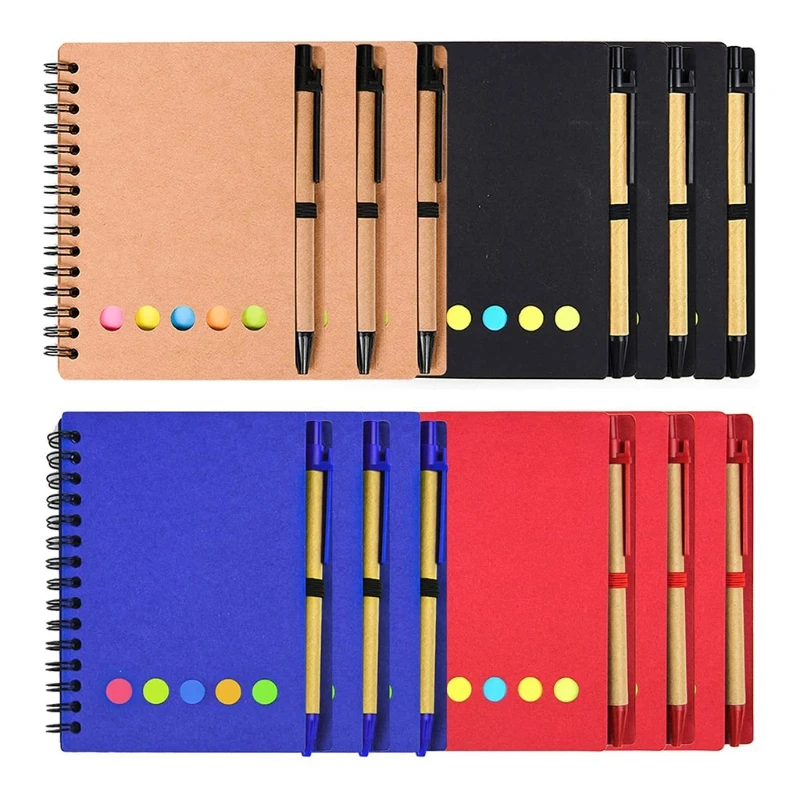 Portable Spiral Notebook with 6 Colored Sticky Notes Pads Pen Holder