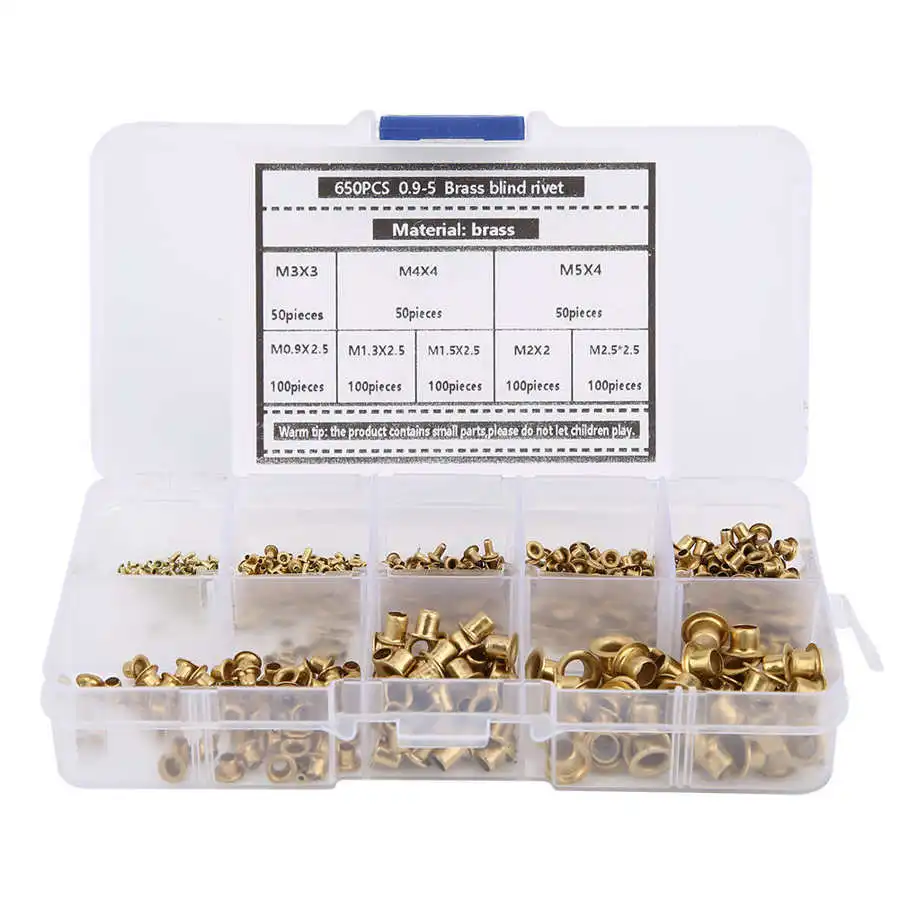 650Pcs M0.9/M1.3/M1.5/M2/M2.5/M3/M4/M5 Brass Eyelet Rivet Hollow Metal