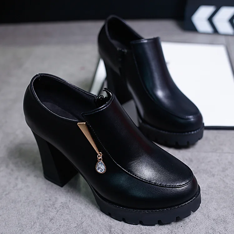 

2017 New Style Autumn Shoes Chunky-Heel in High Heels Shoes Women's Vintage Side Zipper Waterproof Platform WOMEN'S Shoes Martin