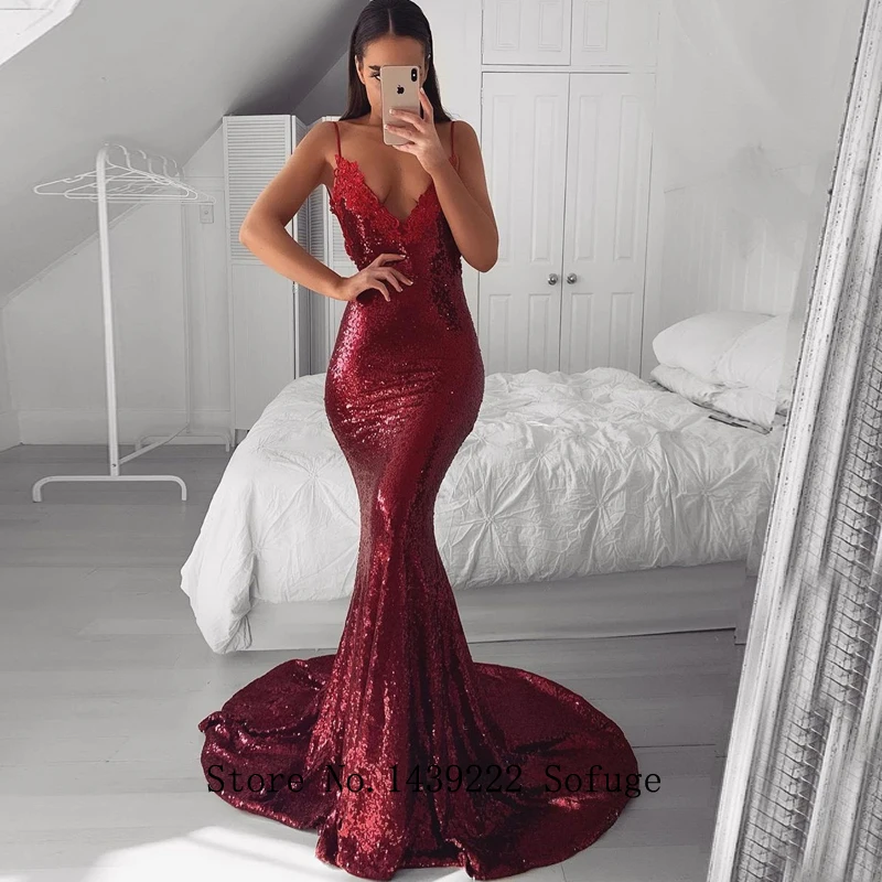 Бургундия блесток Русалка Вечерние платья V шеи аппликации суд Поезд Vestidos De Fiesta De Noche Robe De Soiree размера плюс