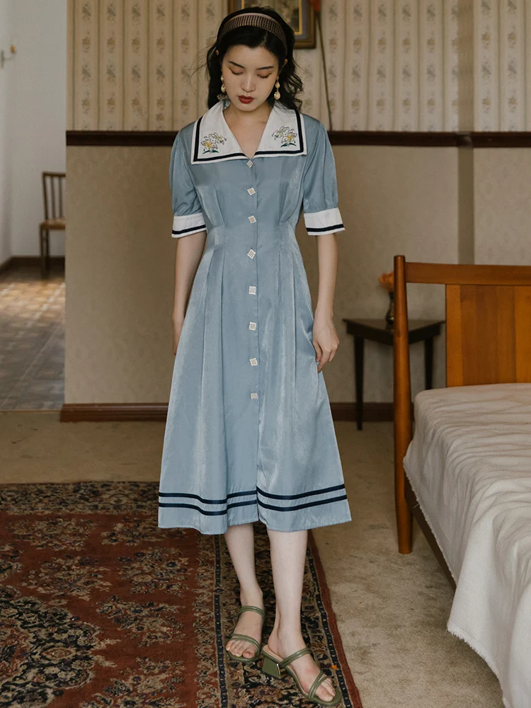 

2020 new fashion women's clothing Sailor Collar Solid Vintage women dress dresses