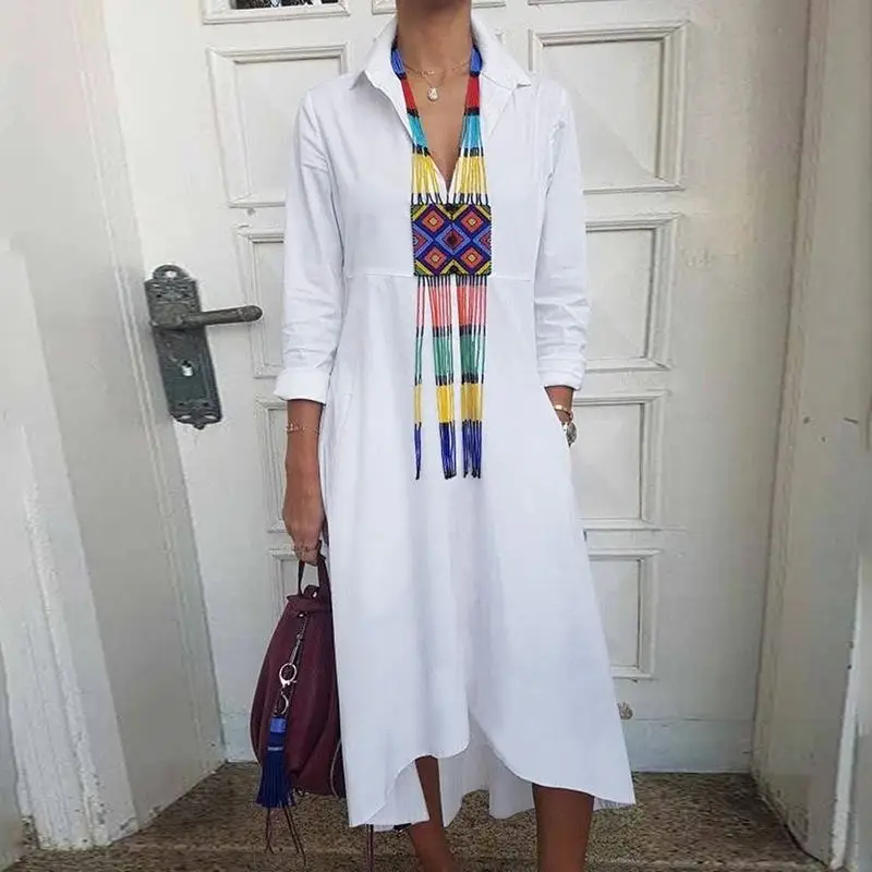 VONDA Elegant Dress Women Sundress Spring Summer Female Long Sleeve Lapel Neck Shirt Dress Long Robe Vestidos Plus Size