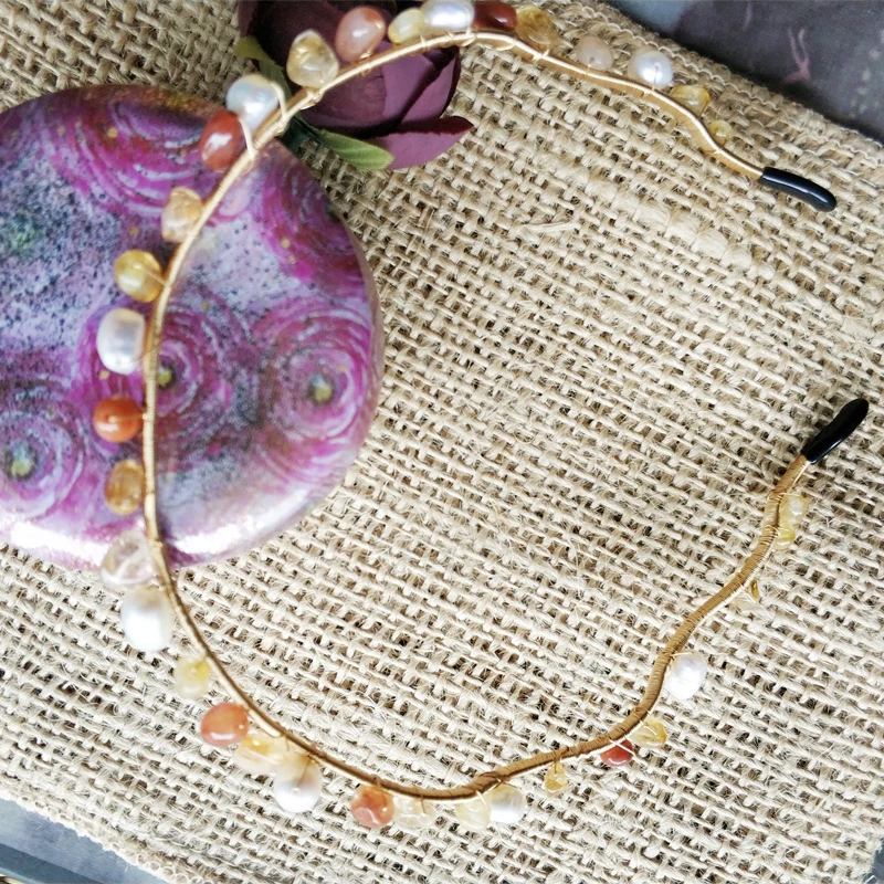 

Женская повязка для волос с натуральным пресноводным жемчугом и желтым кристаллом