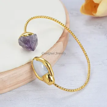 

GuaiGuai Jewelry White Keshi Pearl Purple Rough 24 K Yellow Golden Plated Bangle Bracelet