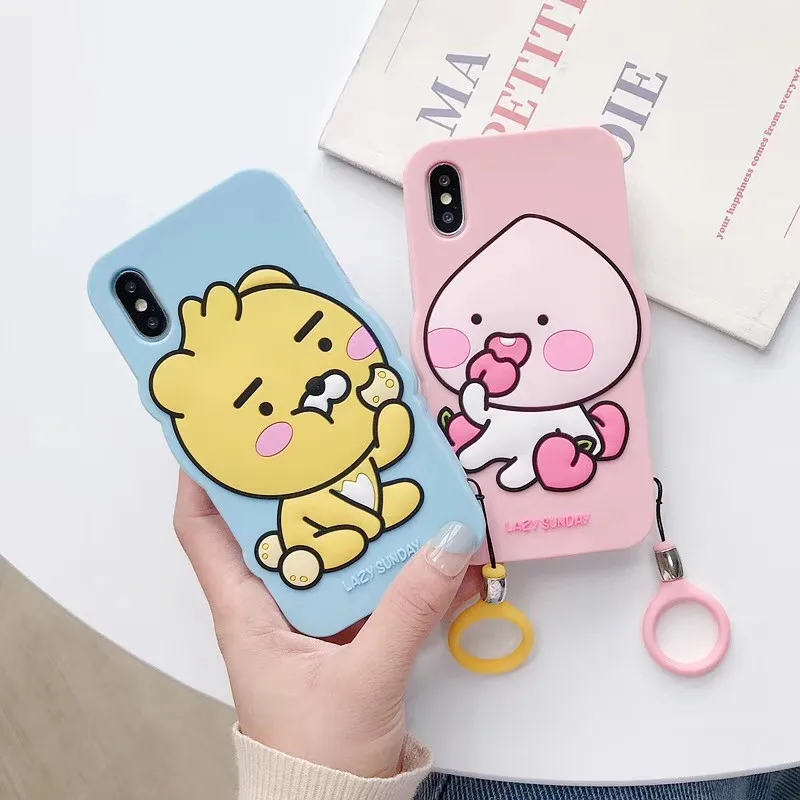 

JAMULAR Cartoon 3D Silicone Lion Peach Case Cover For iPhone X XS MAX 11 Pro XR 7 8 6 6s Plus Ring Strap Phone Coque Cute Fundas