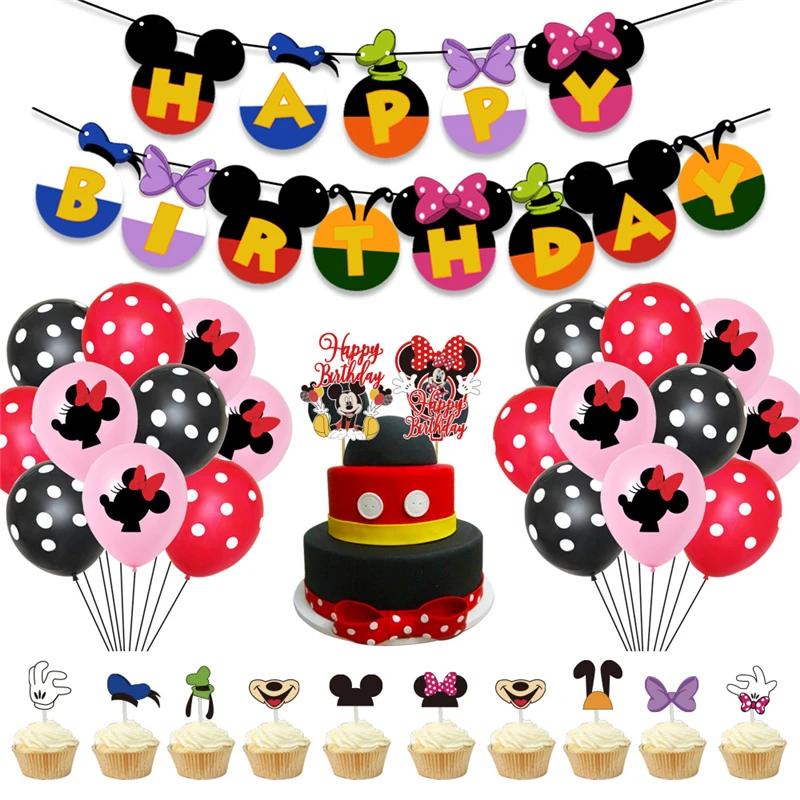 Mickey Minnie Mouse Latex Balloon Set Adult Kids Birthday Party Baby Shower Decoration Flag Balloons Cake Topper Party Supplies