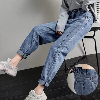 

2020 New Cotton Straight Jeans Woman Elasticity High Waist Jeans woman plus size mom Jeans Blue New Loose Harem Pants hot sale