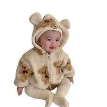 Baby Boys Girls Fashion Hooded Cartoon Bear Zipper Jacket Infant Kids Cotton Long Sleeve Chickening Tops for Autumn Winter