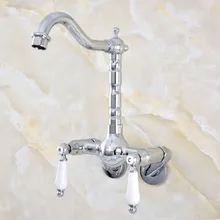 

Silver Chrome Brass Wall Mounted Kitchen Sink Faucet Bathroom Basin Mixer Water Taps Swivel Spout - Adjusts From 3-3/8" mqg205